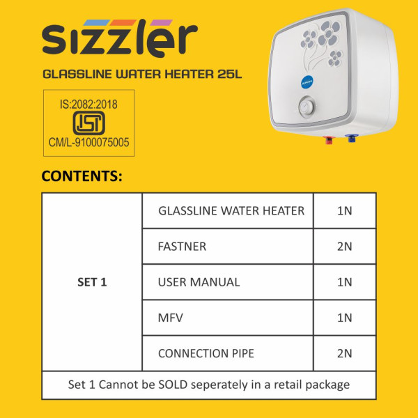SIZZLER GLASSLINE WATER HEATER 25 LITRE