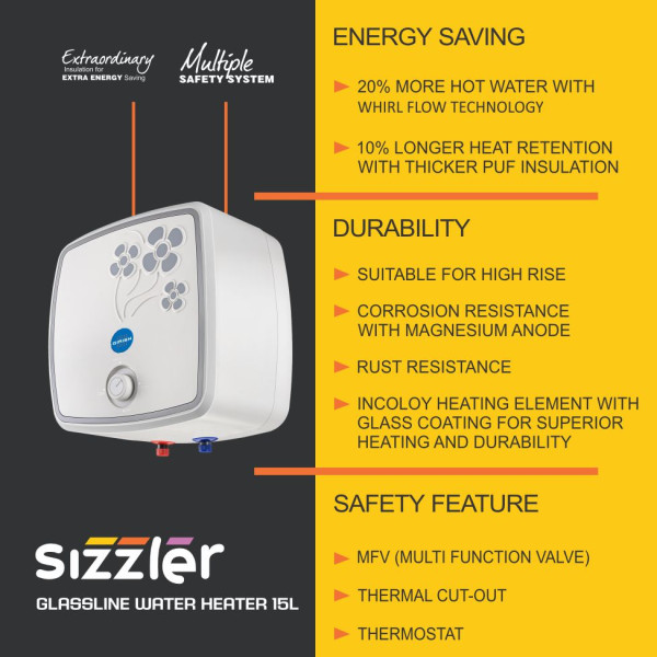 SIZZLER GLASSLINE WATER HEATER 15 LITRE