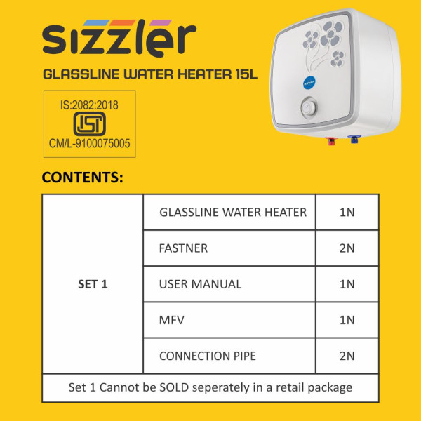 SIZZLER GLASSLINE WATER HEATER 15 LITRE