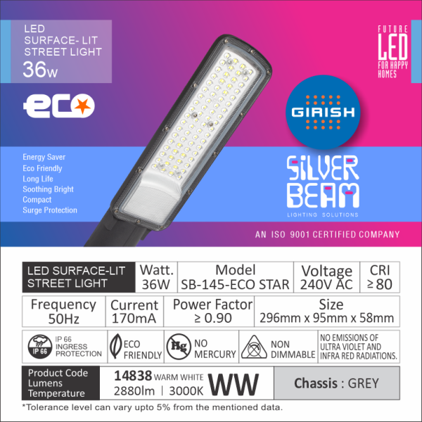 36 Watt Led Surface Lit Street Light Warm White SB 145 Eco Star