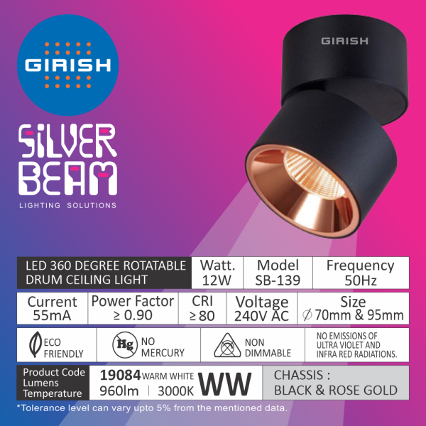 12 WATT  LED 360 DEGREE ROTATABLE DRUM CEILING LIGHT WARM WHITE